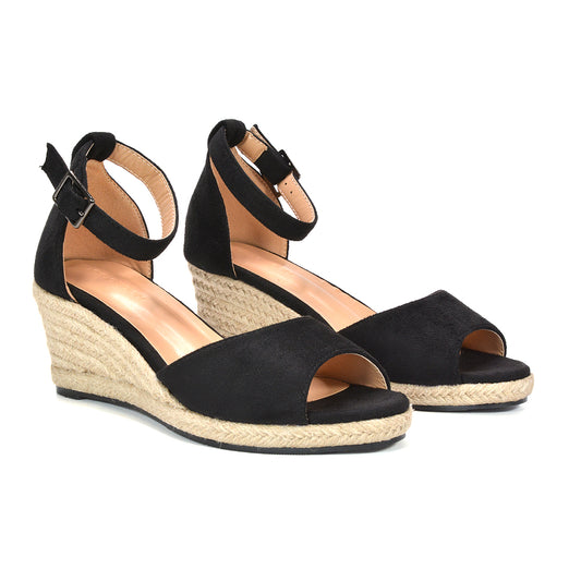 strappy espadrille wedge sandals, comfortable wedge sandals women, strappy espadrille wedge heel sandals with peep toe, black wedges