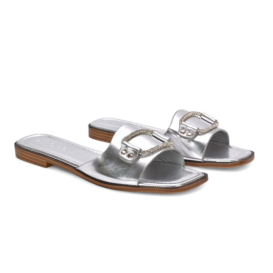 silver flat sandals, silver slides, flat sandals, slides