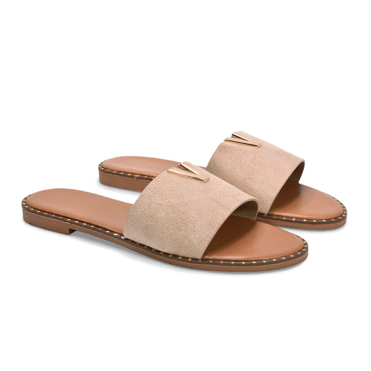 Women’s flat sandals, flat sandals, Comfortable slip-on sandals for women, Gold buckle trim sandals, Summer holidays, Summer 2026 women’s sandals, taupe sandals, taupe flat sandals, women's black sandals