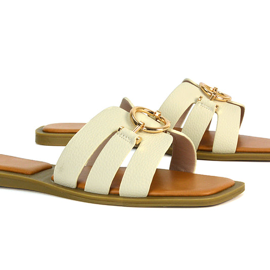 beige vacay sandals, beige strappy flat summer sandals, beige slip on flat sandals, beige slip on slides