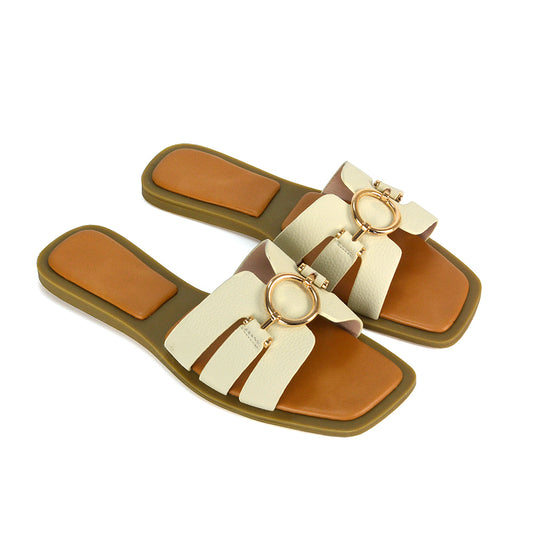beige flat sandals, beige summer sandals, beige square toe sandals, beige slip on sandals
