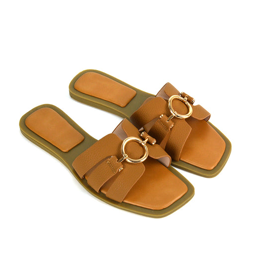 tan flat sandals, tan summer sandals, tan square toe sandals, tan slip on sandals