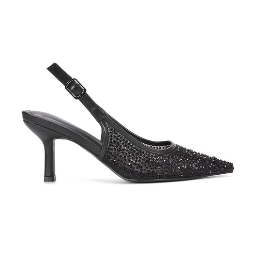 Black rhinestone heels for women with crystal pointed toe and slingback strap