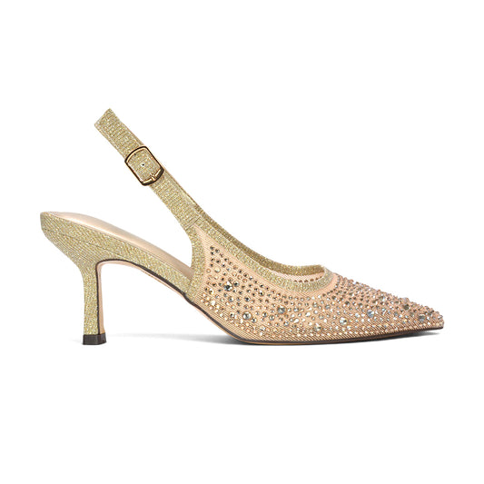 Gold heels for women with sparkling rhinestone embellishment and pointed toe