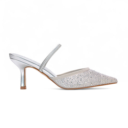 silver slip on heels, slip on heels, rhinestone slingback heels, women’s rhinestone mesh slingback court shoes