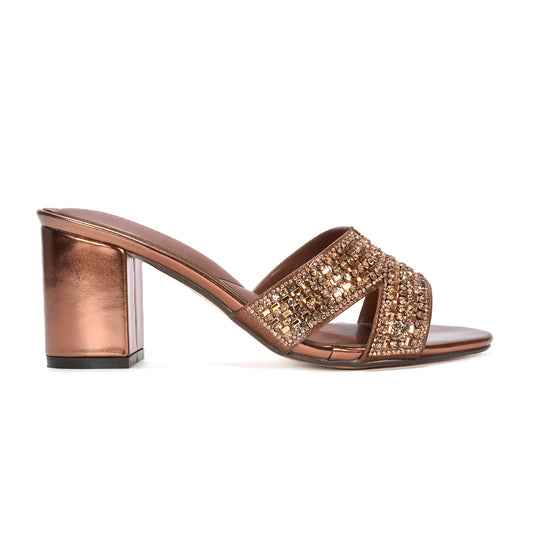 bronze mule heels, bronze diamante mule heels for women, bronze party heels, bronze party heels