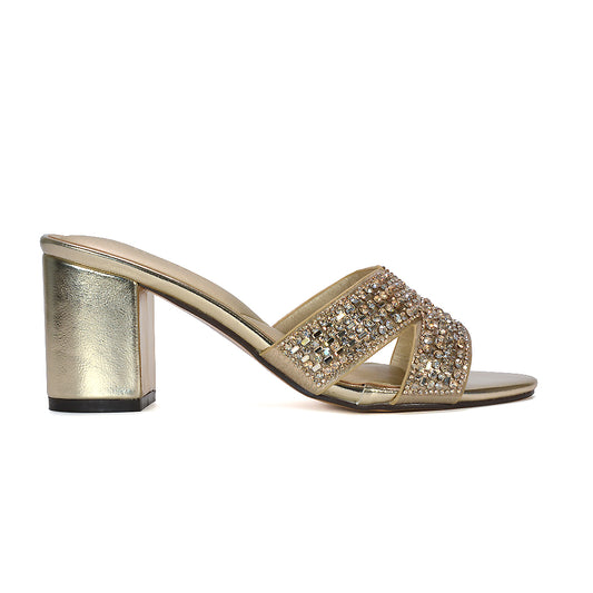 gold mule heels, gold diamante mule heels for women, gold party heels, gold diamante heels for wedding guest