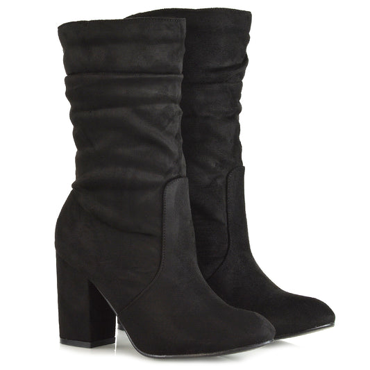 KD-2 BLACK FAUX SUEDE BLOCK HEELED BOOTS, ankle boots, black boots, heeled boots