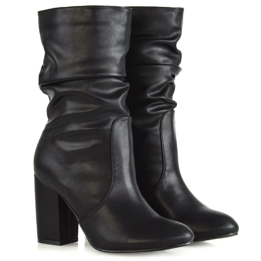 KD-2 BLACK SYNTHETIC LEATHER HEELED BOOTS