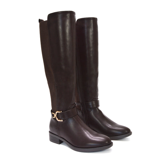 Women's brown knee-high boots, Brown tall boots with gold hardware, Flat heel winter boots for women, Elegant tall boots for cold weather