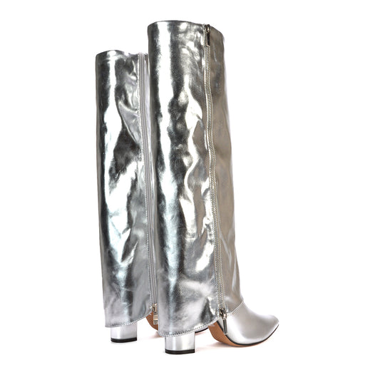silver fold over knee high boots, silver fold over boots, knee high fold over boots, fold over boots