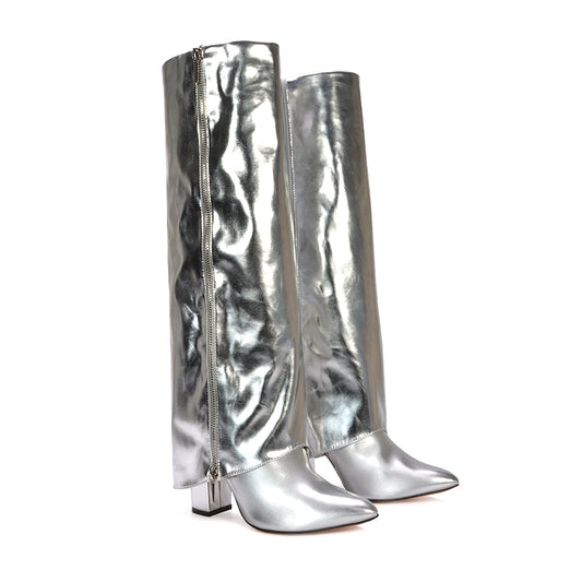 silver boots, silver knee high boots, boots, knee high boots, metallic fold over boots, affordable fold over boots, best fold over boots 2025