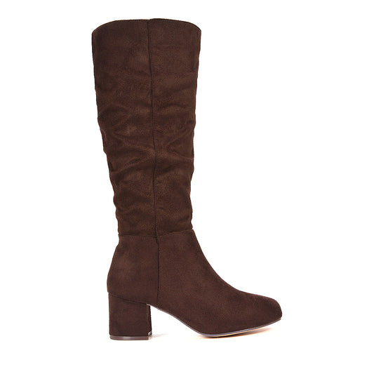 brown faux leather knee high boots for women, dark brown knee high boots with block heel, women’s brown knee high boots faux leather, brown knee high boots with low block heel