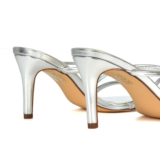 silver mid stiletto heel mule sandals, silver slip on mid heeled mule sandals, mid stiletto heel mule sandals, slip on mid heeled mule sandals