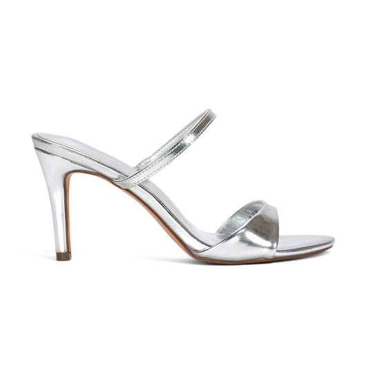 silver stiletto mule heels, women's silver stiletto high heel mules, metallic silver heels, silver wedding heels
