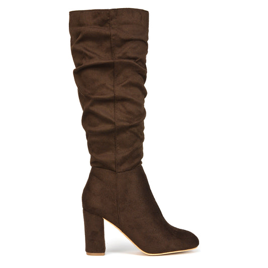 Brown faux suede boots, Women's brown faux suede ruched zip-up winter boots, brown faux suede boots