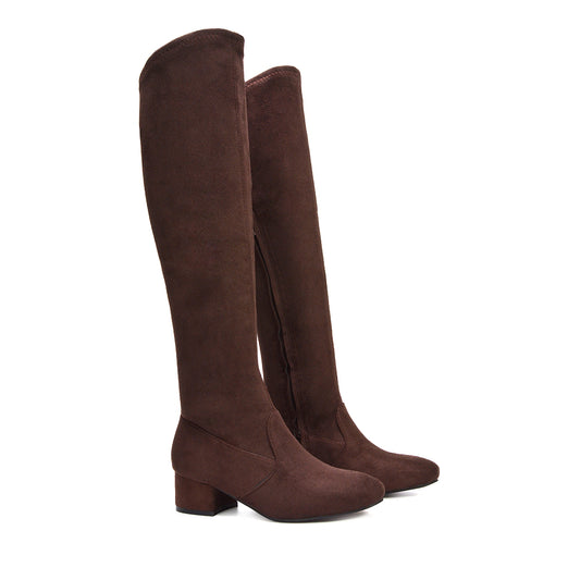 brown block heel boots, brown heeled boots, block heel boots, heeled boots, Block heel knee high boots, Stretch fabric knee high boots