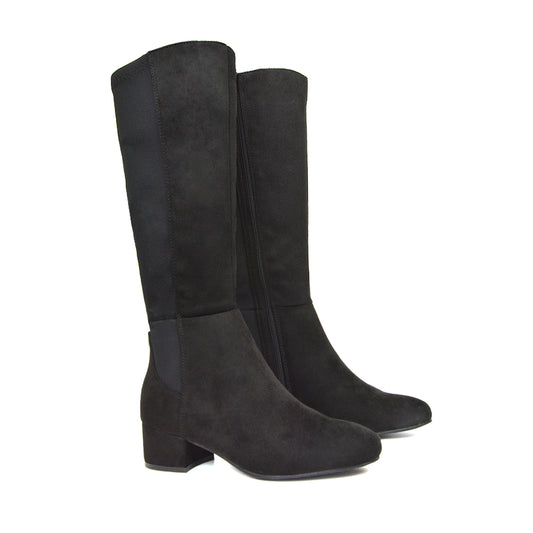 Black Faux Suede Long Boots, Black Faux Suede Elasticated Calf Boots, Long Boots, Elasticated Calf Boots