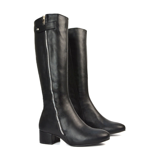 Black Heeled Boots, Black Heeled Knee High Boots, Black Block Heeled Knee High Boots, Knee High Boots