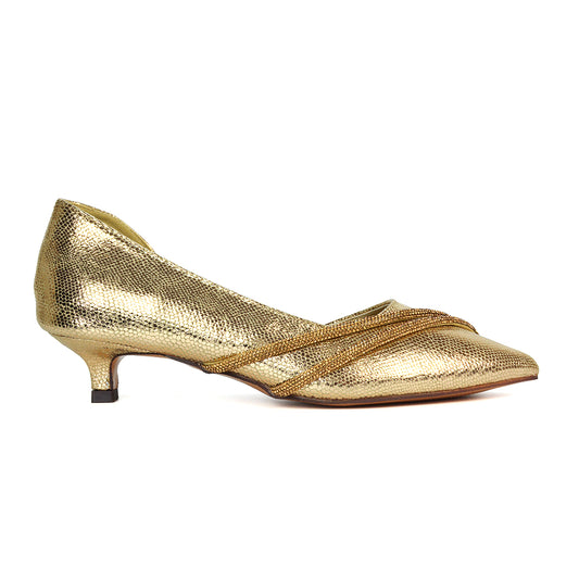 Stylish gold low kitten heel rhinestone pointed toe court heels, featuring dazzling rhinestone accents for a touch of sparkle. Ideal for weddings, formal events, evening parties, or bridal occasions.