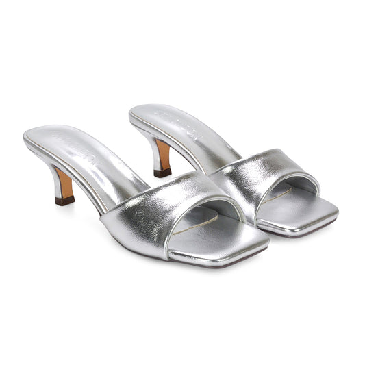 women’s kitten heel sandals, synthetic leather mule sandals, women’s square toe kitten heel mule sandals, chic women’s sandals, silver heels, silver kitten heels