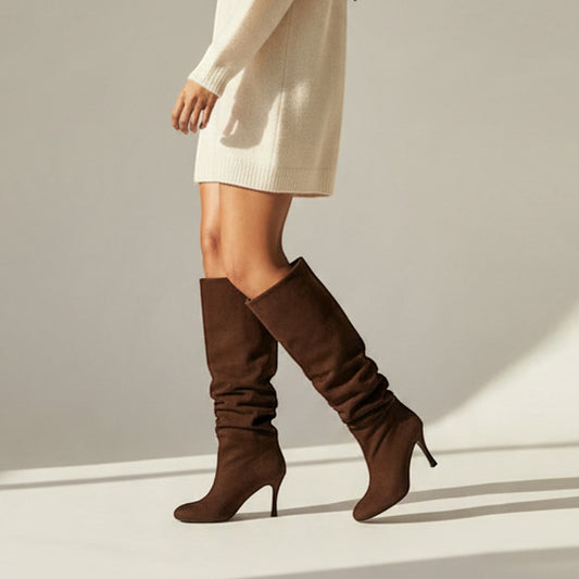 Chocolate brown slouchy knee-high boots for women