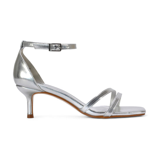 silver strappy heels, silver heels, Heeled sandals with buckle, Women's heeled sandals