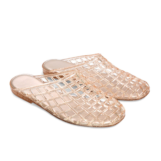 jelly sandals, slip on cage jelly mule sandals, easy slip on summer shoes, women’s summer sandals UK, gold jelly sandals, gold sandals