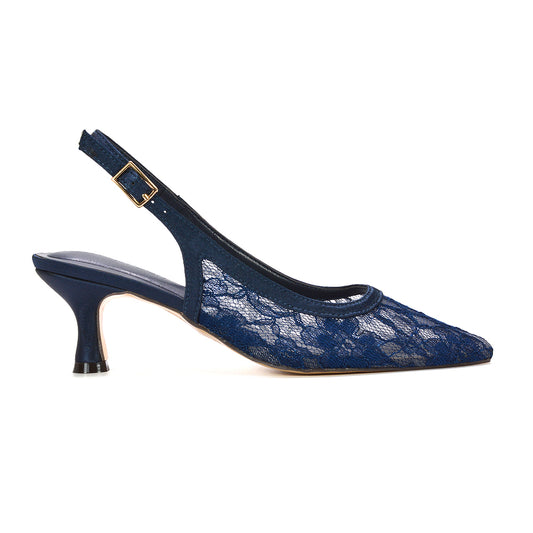 navy lace slingback heels, women’s navy lace dress heels, navy lace slingback court shoes pointed toe kitten heels for women