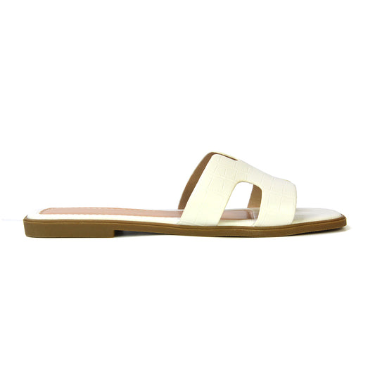 white croc sandals, white croc flat sandals, sandals, flat sandals