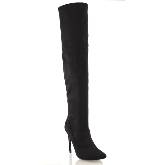 Black Faux Suede | XY London | black faux suede boots,thigh high boots,ladies boots online,pointed toe boots,stiletto heels