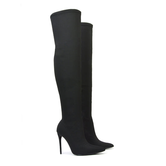 Black Lycra | XY London | black Lycra boots,thigh high boots,ladies boots online,pointed toe boots,stiletto heels