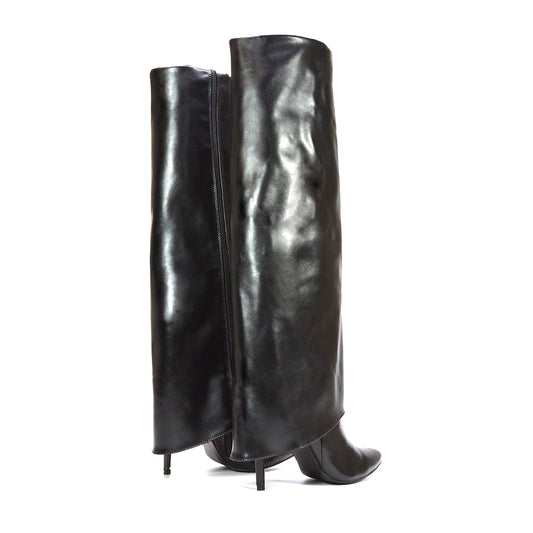 black knee high fold over boots, black stiletto boots, knee high fold over boots, stiletto boots