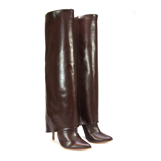 brown knee high fold over boots, brown stiletto boots, knee high fold over boots, stiletto boots