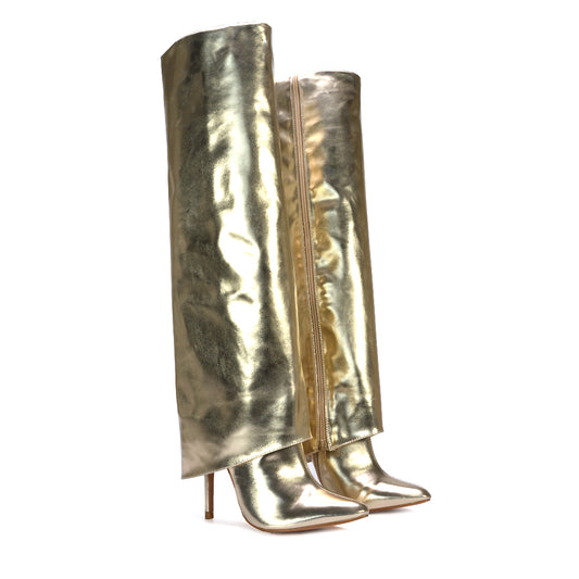 gold fold over boots, gold knee high boots, fold over boots, knee high boots