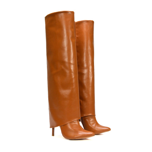 tan fold over boots, tan knee high boots, fold over boots, knee high boots, fold over heeled boots, women's fold over boots, shark boots, vegan leather fold over boots, fold over boots outfit