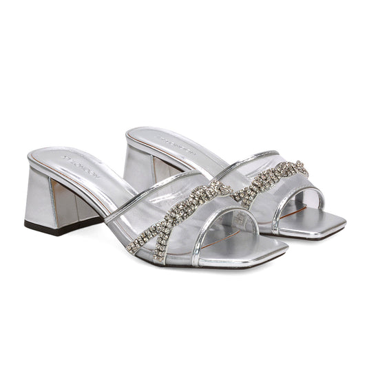 square toe heels, square toe diamante mesh block heel sandals, party heels for women, mesh sandals, buy square toe mules online UK, silver heels