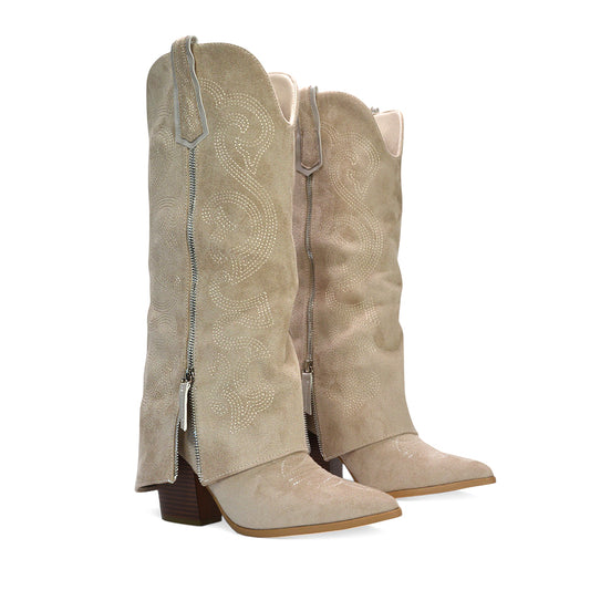 Knee high cowboy boots, Embellished cowboy boots, Knee high block heel boots, Faux suede western boots, Rhinestone cowboy boots, Boho western boots, harry styles concert outfit ideas, cowboy boots for harry styles concert boots, Stone cowboy boots, Beige knee high boots