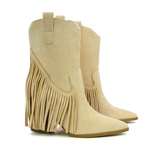 fringe western boots, suede cowboy boots, mid heel western boots, country concert boots, beige western boots