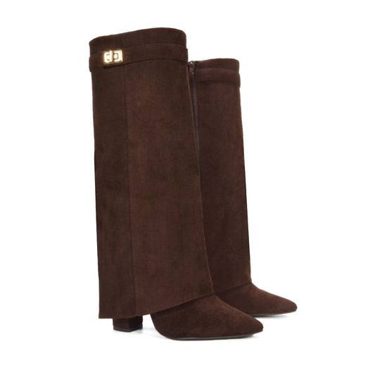 Rayna Pointed Toe Fold Over Knee High Boots With Block Heel in Brown Faux Suede