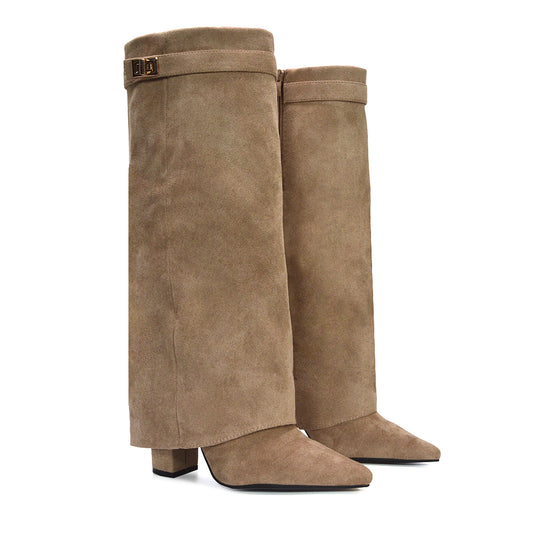 Rayna Pointed Toe Fold Over Knee High Boots With Block Heel in Taupe Faux Suede
