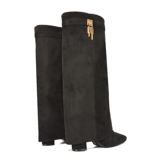 black fold over knee high boots, black fold over boots, old over knee high boots, Fold-over knee boots with gold buckle, Women's knee boots, Statement boots for fall