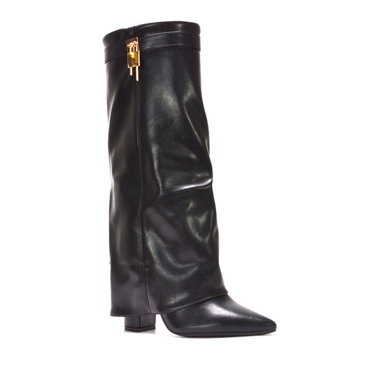 black fold over knee high boots, black fold over boots, old over knee high boots, Fold-over knee boots with gold buckle, Women's knee boots, Statement boots for fall