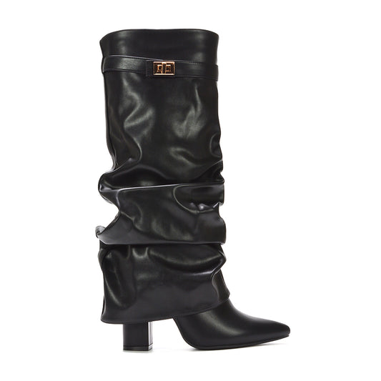 black ruched boots, black heeled boots, ruched boots, heeled boots, high heel boots, block heeled boots, going out boots, women's going out boots