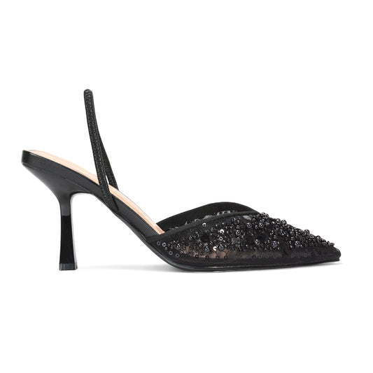 black party heels, black evening shoes, party heels, evening shoes, trendy women’s heels, stylish pointed toe slingbacks