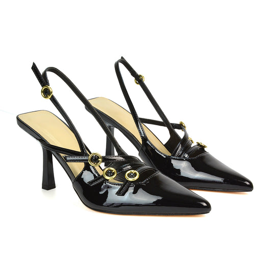 black slingback pointed toe heels, black slingback strap heels, black stiletto heels, black stilettos