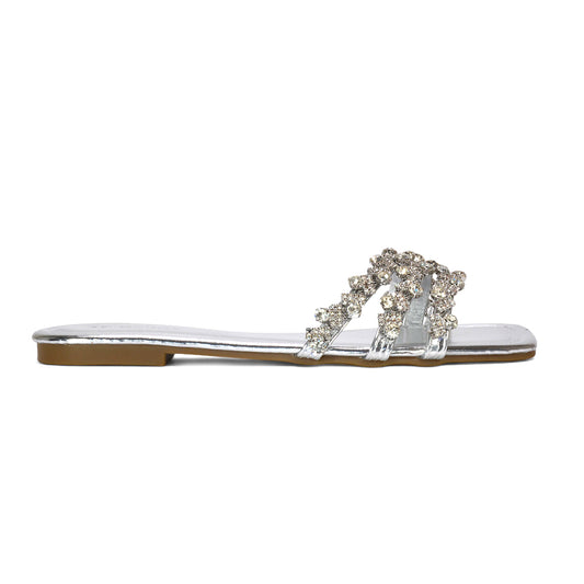 Silver flat sandals, Women's silver square toe strappy diamante flat sandals, silver sandals