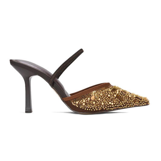 brown slingback heels, women’s brown rhinestone slingback stilettos, brown wedding guest heels