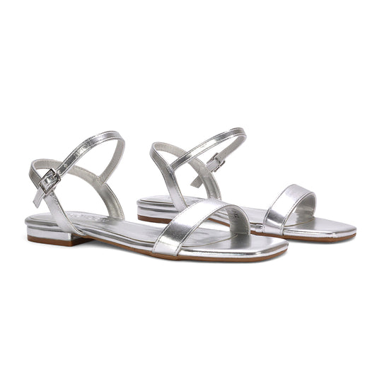 silver flat sandals, silver strappy sandals, flat sandals, strappy sandals, square toe flat sandals, women’s square toe flat sandals with ankle strap, modern square toe sandals, summer flat sandals women, comfortable women’s flat sandals, women’s summer sandals
