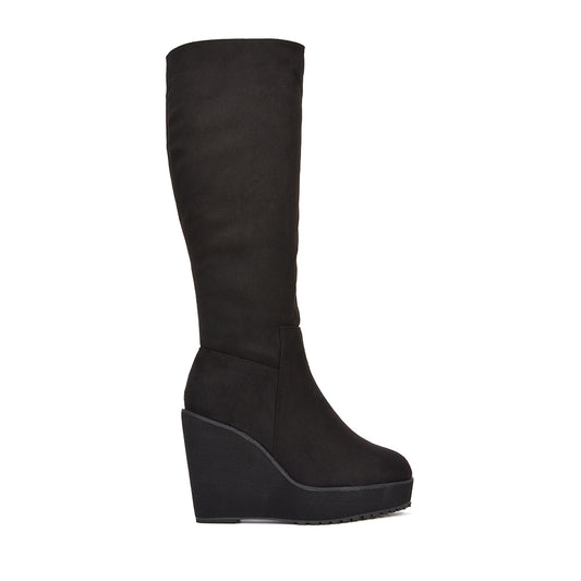 black faux suede platform knee high wedge boots